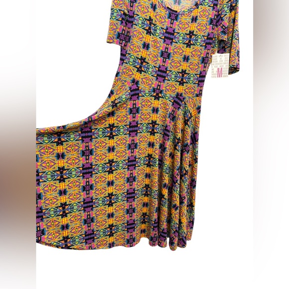 Lularoe Nicole Geometric Printed Midi Dress Size M Yellow Purple Short Sleeves - Picture 4 of 10